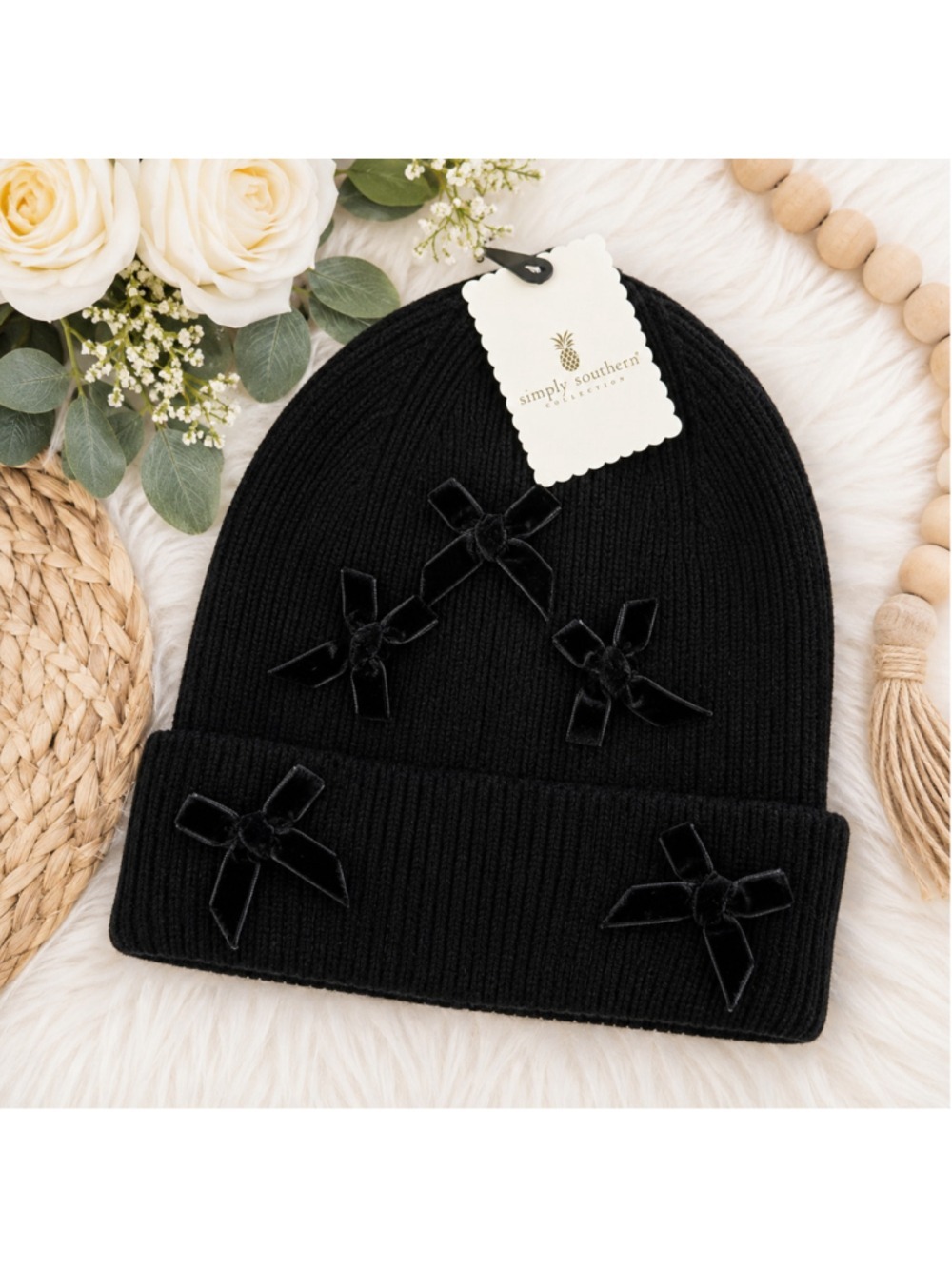 Simply Southern Coquette Bow Knit Beanie Black NWT